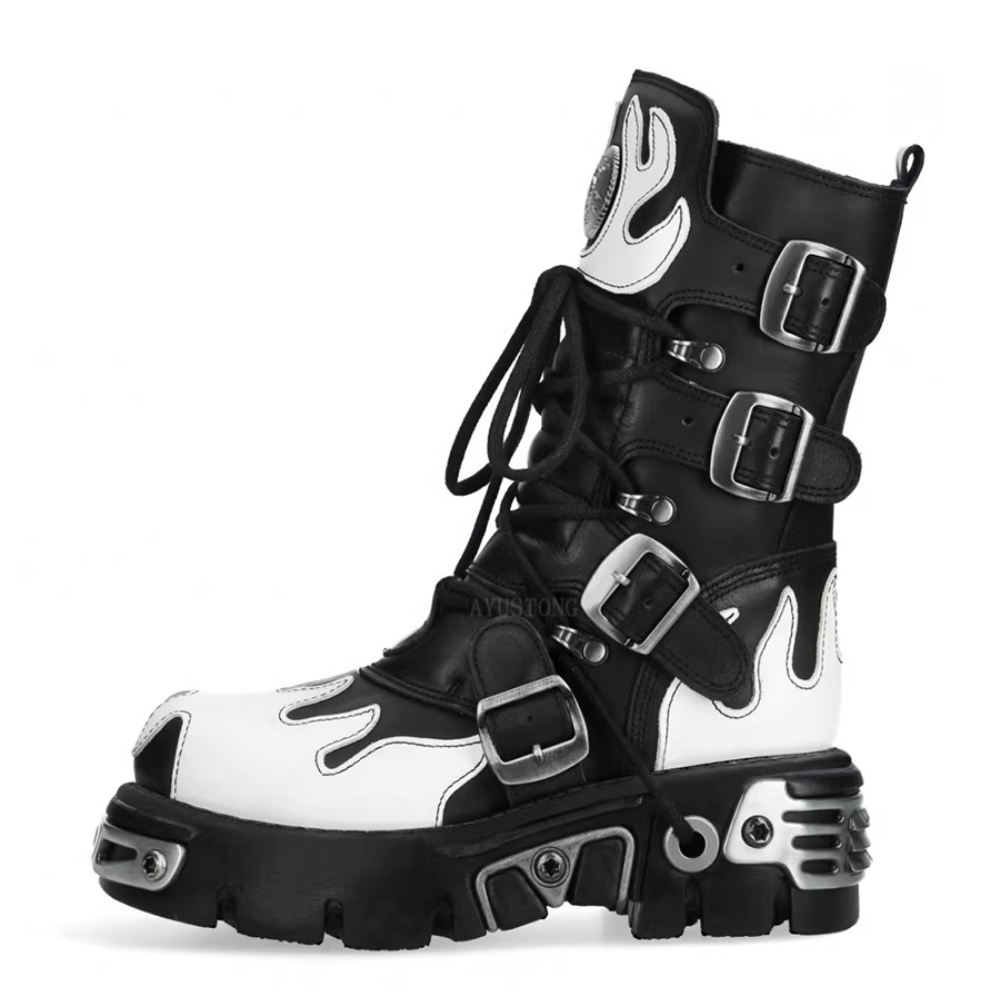 Men'S Accessories Leather - รองเท้าบูทแฟชั่นใหม่สำหรับผู้ชาย ลายเปลวไฟ โลหะ กอธ หัวกะโหลก พังก์