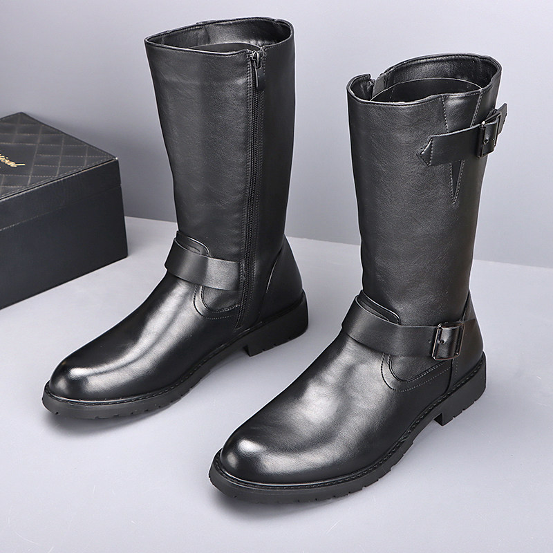 Men'S Accessories Leather - รองเท้าบูทมอเตอร์ไซค์ทรงสูงสไตล์อังกฤษสำหรับผู้ชาย แฟชั่นคอสเพลย์ รองเท้าหนังแท้สีดำ รองเท้าคาวบอย รองเท้าบูทฤดูใบไม้ร่วงและฤดูหนาว รองเท้าบูทยาว