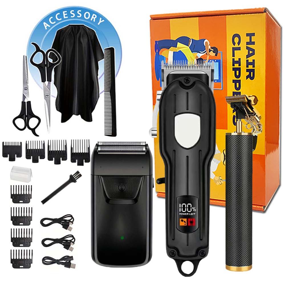 Men Accessories Guide - ชุดเครื่องตัดผมมืออาชีพพร้อมจอแสดงผล LCD, เครื่องตัดขนไฟฟ้าแบบชาร์จได้สำหรับผู้ชาย, ประกอบด้วย T-Outliner, เครื่องโกนหนวดแบบฟอยล์,