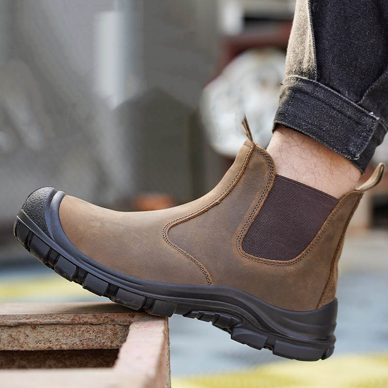 Men'S Accessories Leather - ผู้ชายขนาดใหญ่แฟชั่น Steel Toe ครอบคลุมรองเท้าทํางานหนังวัวความปลอดภัยรองเท้าสีดําสีน้ําตาล WORKER เชลซี