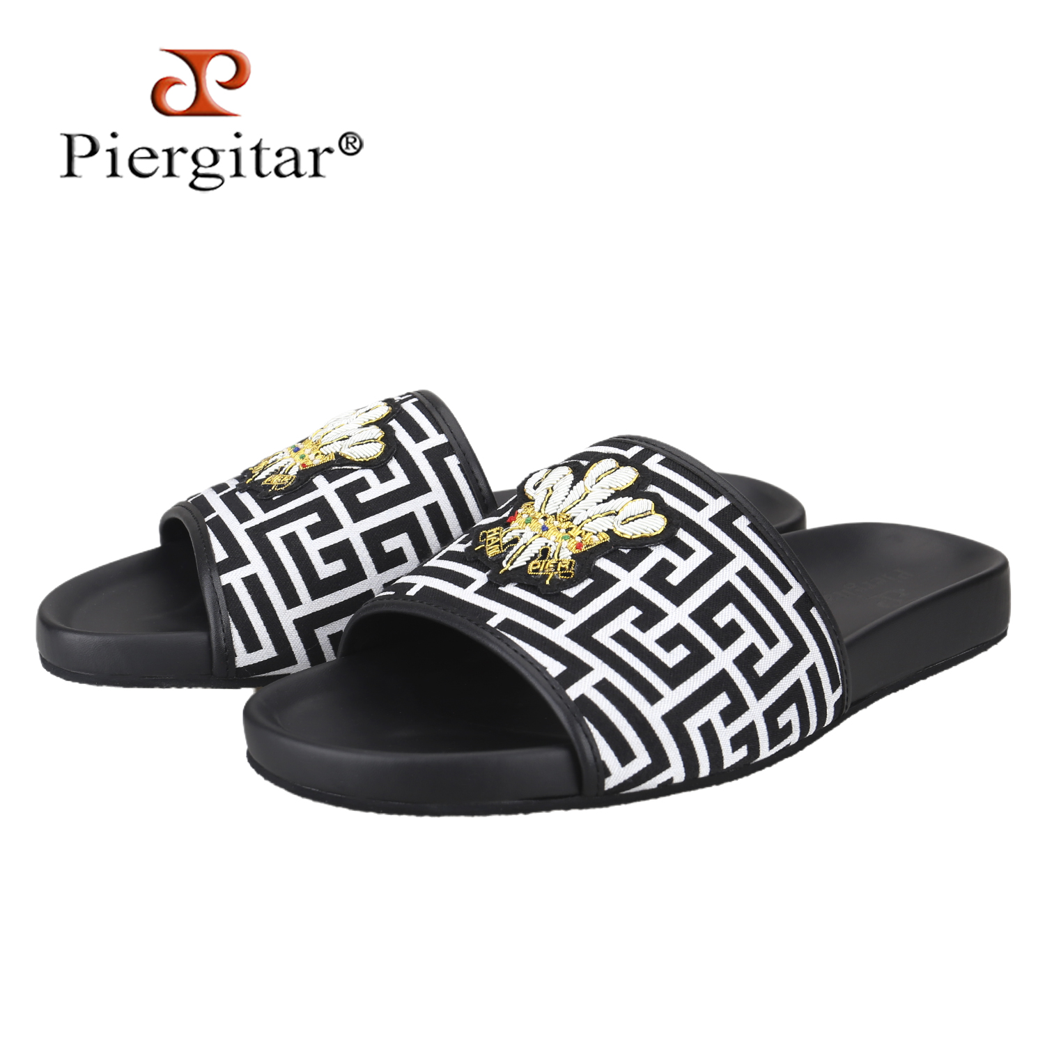 Men'S Accessories Leather - รองเท้าแตะผู้ชายลายพิมพ์ขาวดำรุ่น Piergitar Summer พร้อมป้ายแฮนด์เมดแบบกำหนดเอง สไตล์หรูหรา แฟชั่น